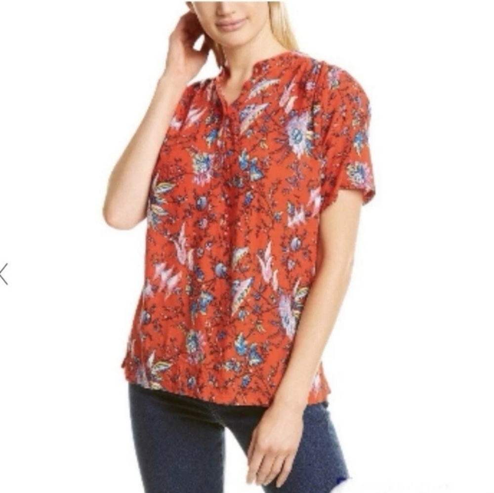 Maeve Anthro Preppy Red Floral Short Sleeve Henley Blouse Shirt Top Size Large